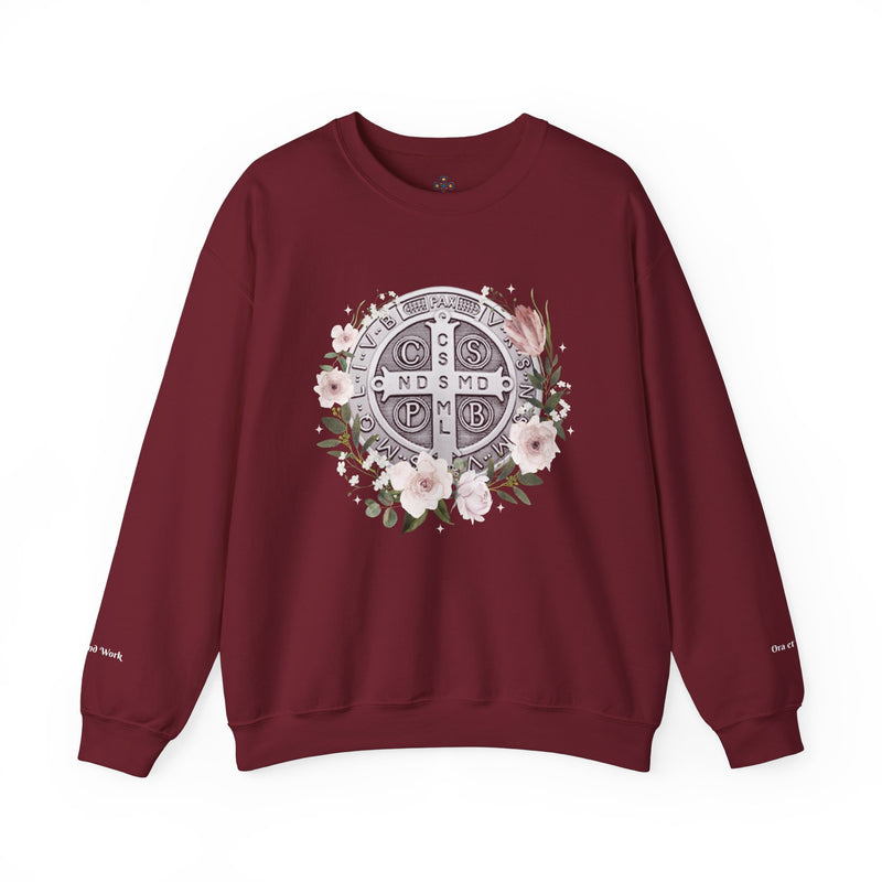 Benedictine Medal Crewneck Sweatshirt – Catholic Faith Floral Design w/ Ora et Labora/Prayer and Work