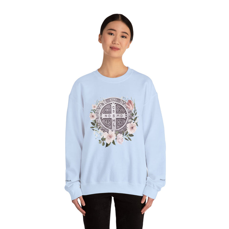 Benedictine Medal Crewneck Sweatshirt – Catholic Faith Floral Design w/ Ora et Labora/Prayer and Work
