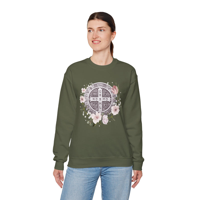 Benedictine Medal Crewneck Sweatshirt – Catholic Faith Floral Design w/ Ora et Labora/Prayer and Work