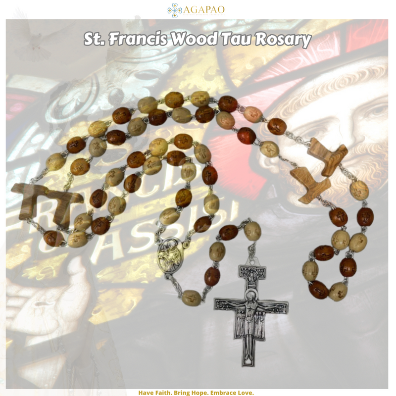 St. Francis of Assisi Olive Wood Tau Rosary w/ Deluxe Gift Box
