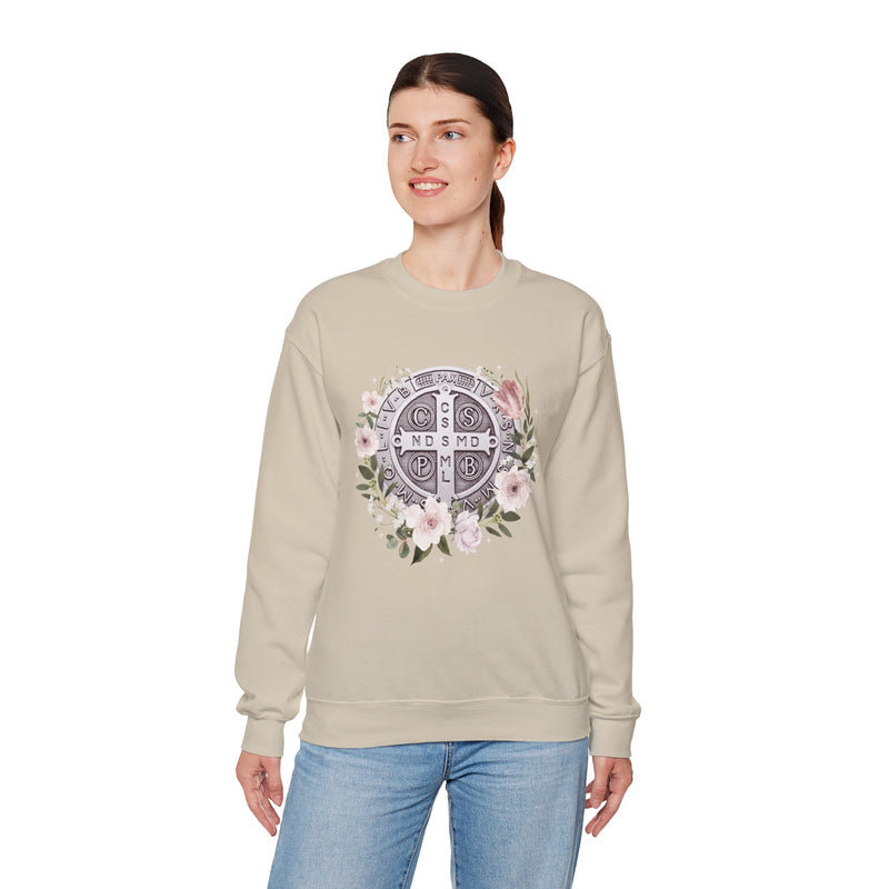 Benedictine Medal Crewneck Sweatshirt – Catholic Faith Floral
