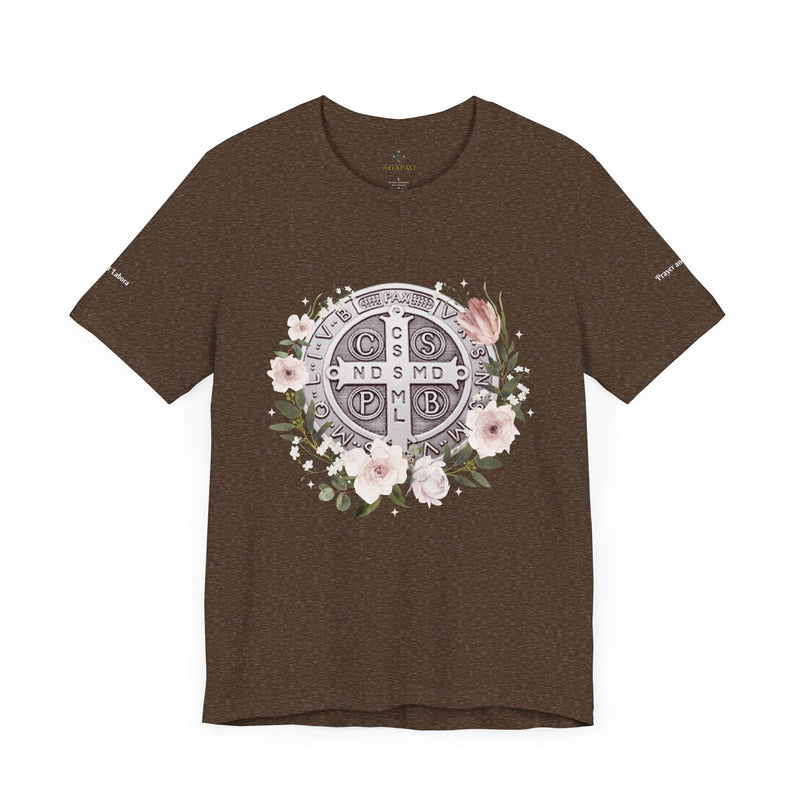 Benedictine Medal T-Shirt – Catholic Faith Floral Tee with Ora et Labora/Prayer and Work