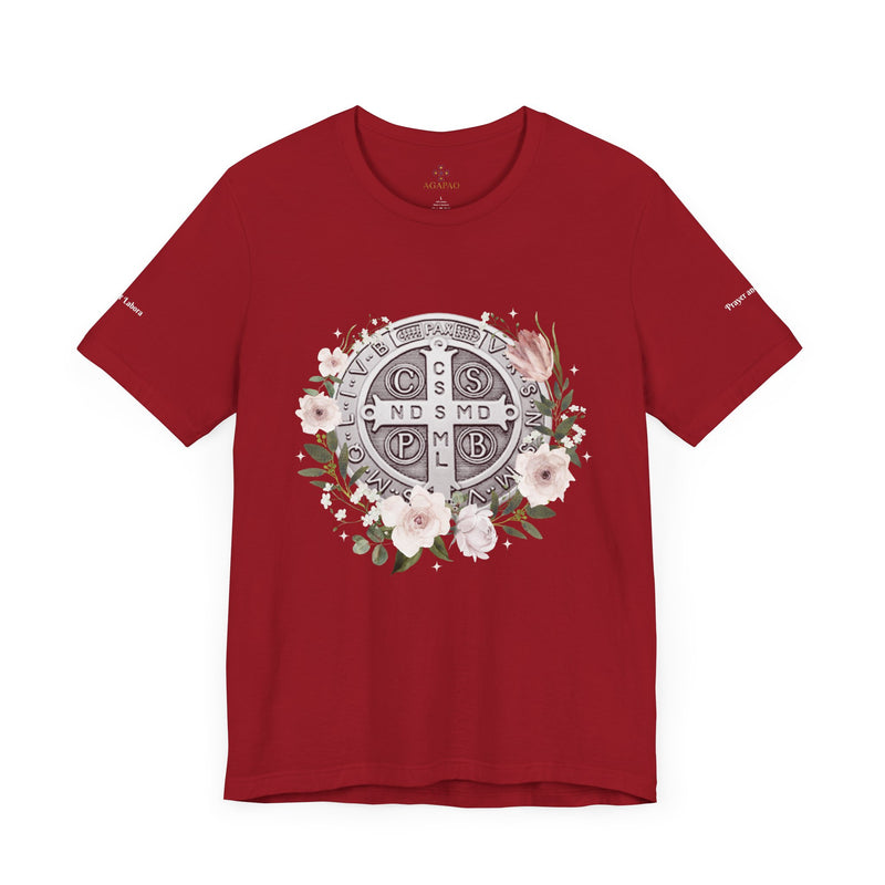 Benedictine Medal T-Shirt – Catholic Faith Floral Tee with Ora et Labora/Prayer and Work