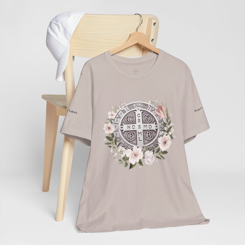 Benedictine Medal T-Shirt – Catholic Faith Floral Tee with Ora et Labora/Prayer and Work