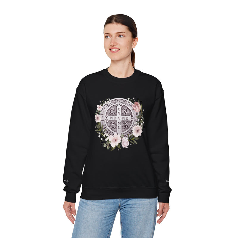 Benedictine Medal Crewneck Sweatshirt – Catholic Faith Floral Design w/ Ora et Labora/Prayer and Work
