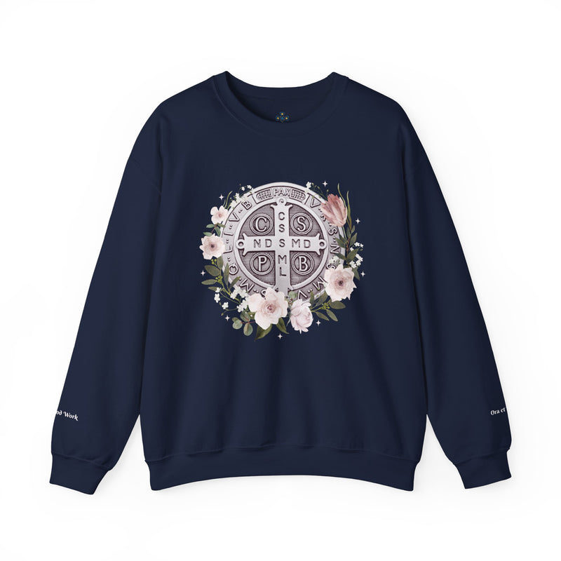 Benedictine Medal Crewneck Sweatshirt – Catholic Faith Floral Design w/ Ora et Labora/Prayer and Work