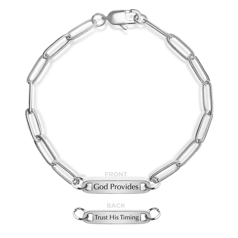 'God Provides, Trust His Timing' Engraved Paperclip Bracelet in Gold and Silver