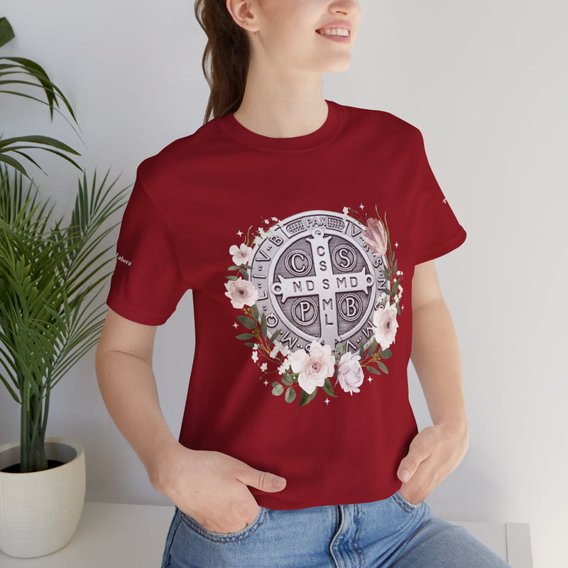 Benedictine Medal T-Shirt – Catholic Faith Floral Tee with Ora et Labora/Prayer and Work