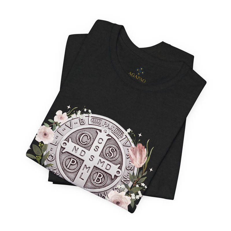 Benedictine Medal T-Shirt – Catholic Faith Floral Tee with Ora et Labora/Prayer and Work