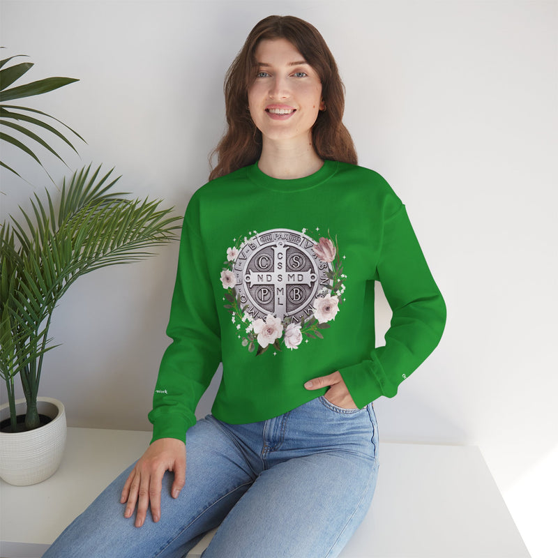Benedictine Medal Crewneck Sweatshirt – Catholic Faith Floral Design w/ Ora et Labora/Prayer and Work