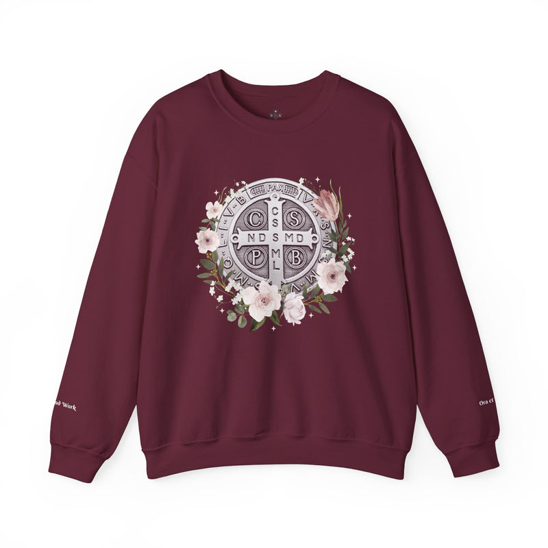Benedictine Medal Crewneck Sweatshirt – Catholic Faith Floral Design w/ Ora et Labora/Prayer and Work