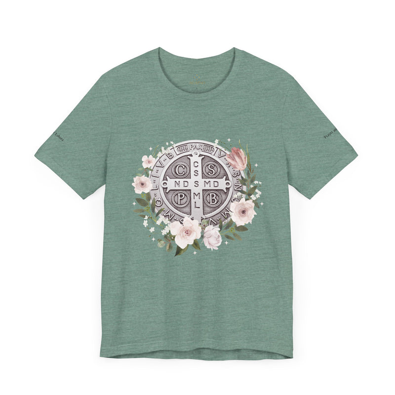 Benedictine Medal T-Shirt – Catholic Faith Floral Tee with Ora et Labora/Prayer and Work