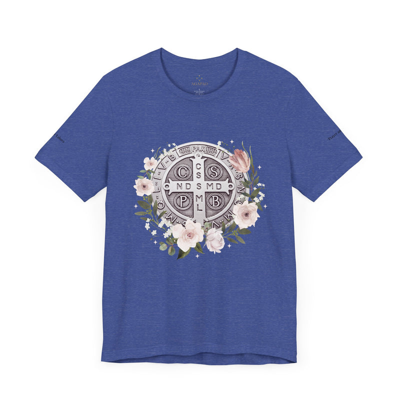 Benedictine Medal T-Shirt – Catholic Faith Floral Tee with Ora et Labora/Prayer and Work