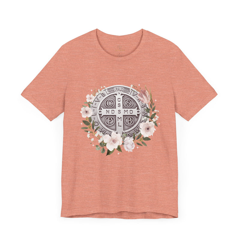 Benedictine Medal T-Shirt – Catholic Faith Floral Tee