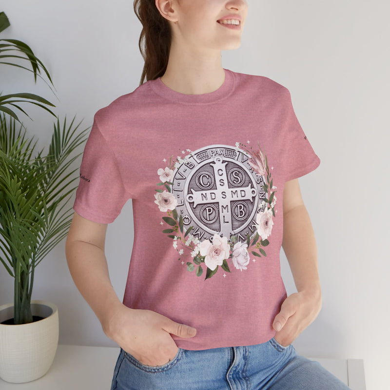 Benedictine Medal T-Shirt – Catholic Faith Floral Tee with Ora et Labora/Prayer and Work