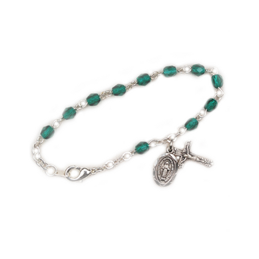 4mm Glass Beads Sterling Silver Crucifix Emerald Bracelet and Miraculous Medal