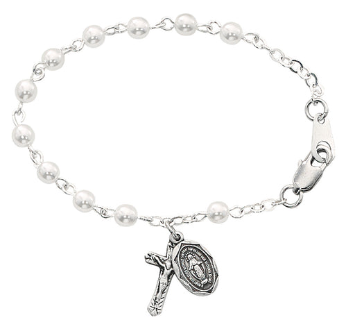 4mm Glass Pearl Beads Sterling Silver Crucifix and Miraculous Medal
