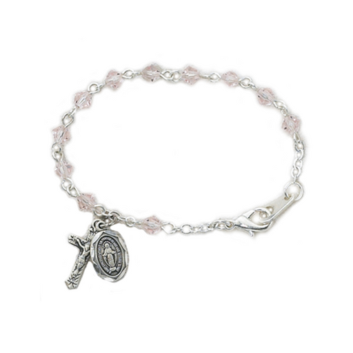 4mm Tin Cut Crystal Beads Rhodium Plated Crucifix Rose Bracelet and Miraculous Medal