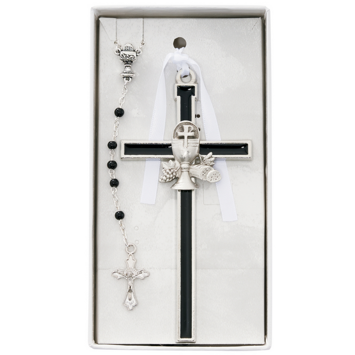 5" Black Enamel Communion Cross with Rosary