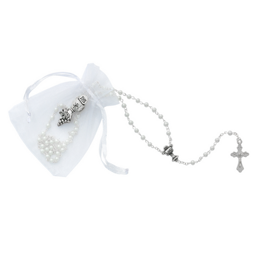 4mm White Pearl Communion Rosary, Bag and Pin Set - BEST SELLER