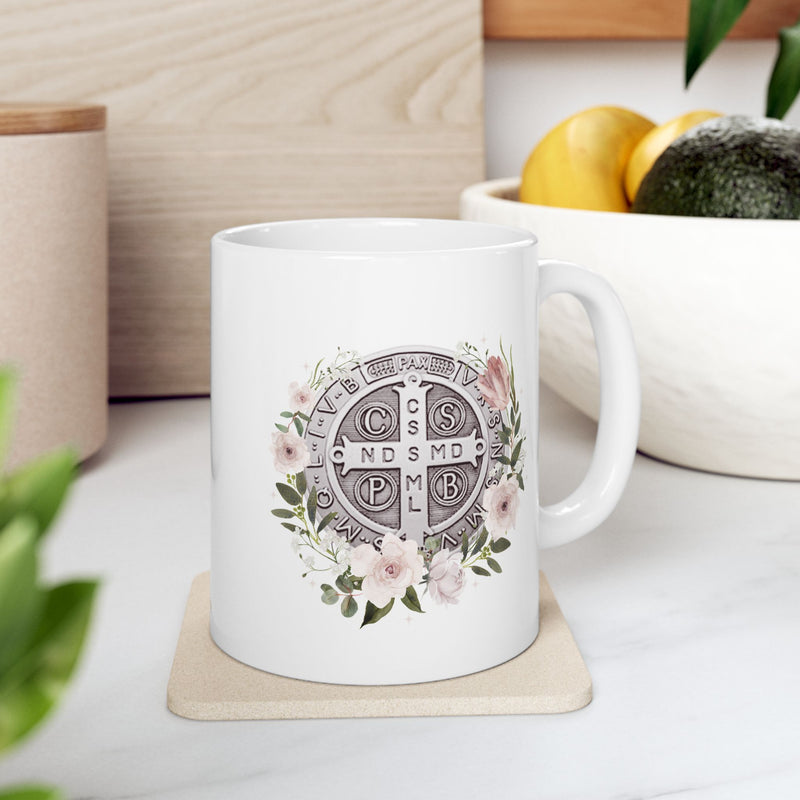 St. Benedict Medal Floral Catholic Coffee Mug