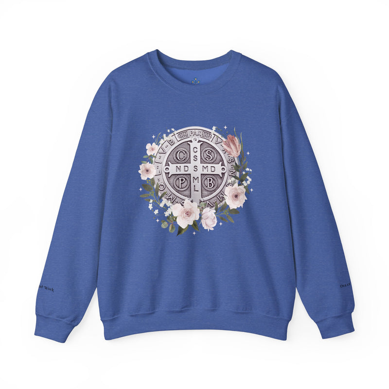 Benedictine Medal Crewneck Sweatshirt – Catholic Faith Floral Design w/ Ora et Labora/Prayer and Work