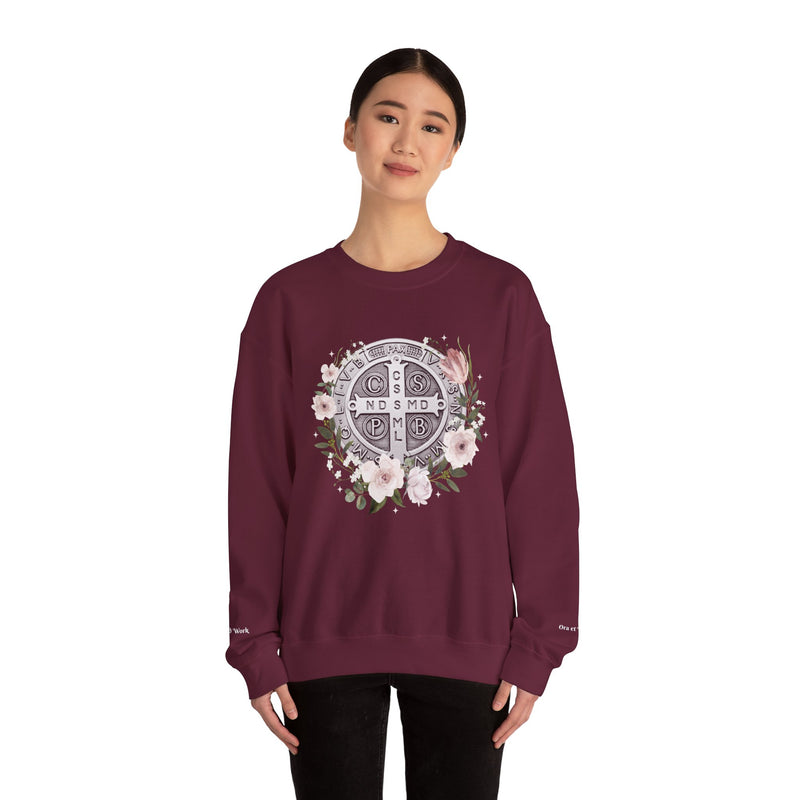 Benedictine Medal Crewneck Sweatshirt – Catholic Faith Floral Design w/ Ora et Labora/Prayer and Work