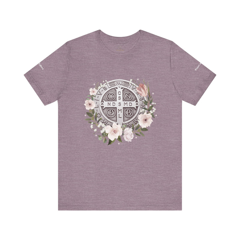 Benedictine Medal T-Shirt – Catholic Faith Floral Tee with Ora et Labora/Prayer and Work