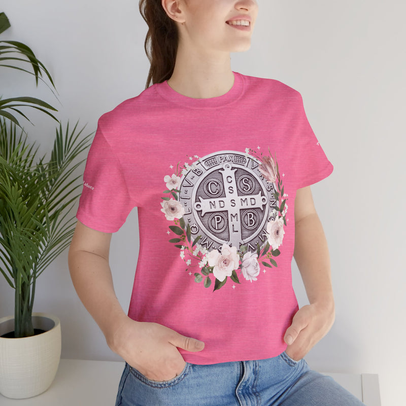 Benedictine Medal T-Shirt – Catholic Faith Floral Tee with Ora et Labora/Prayer and Work