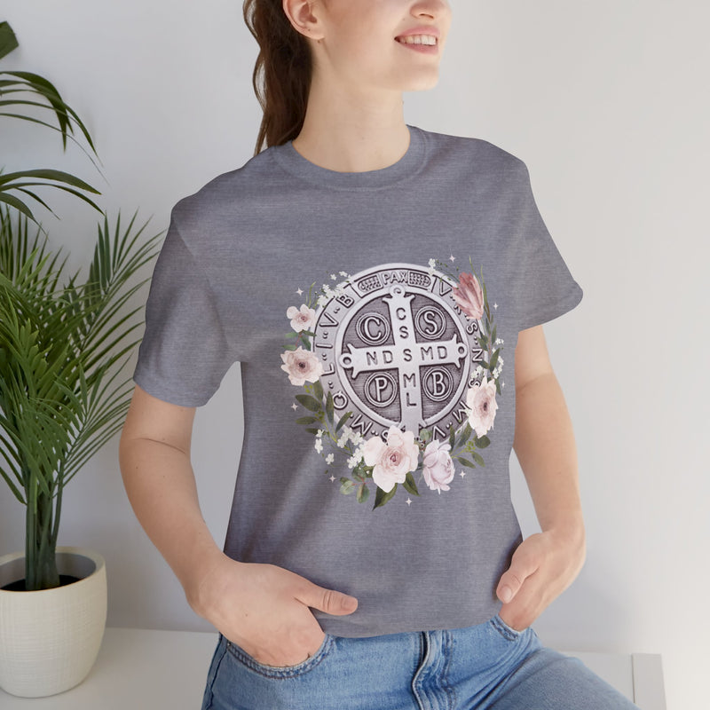 Benedictine Medal T-Shirt – Catholic Faith Floral Tee