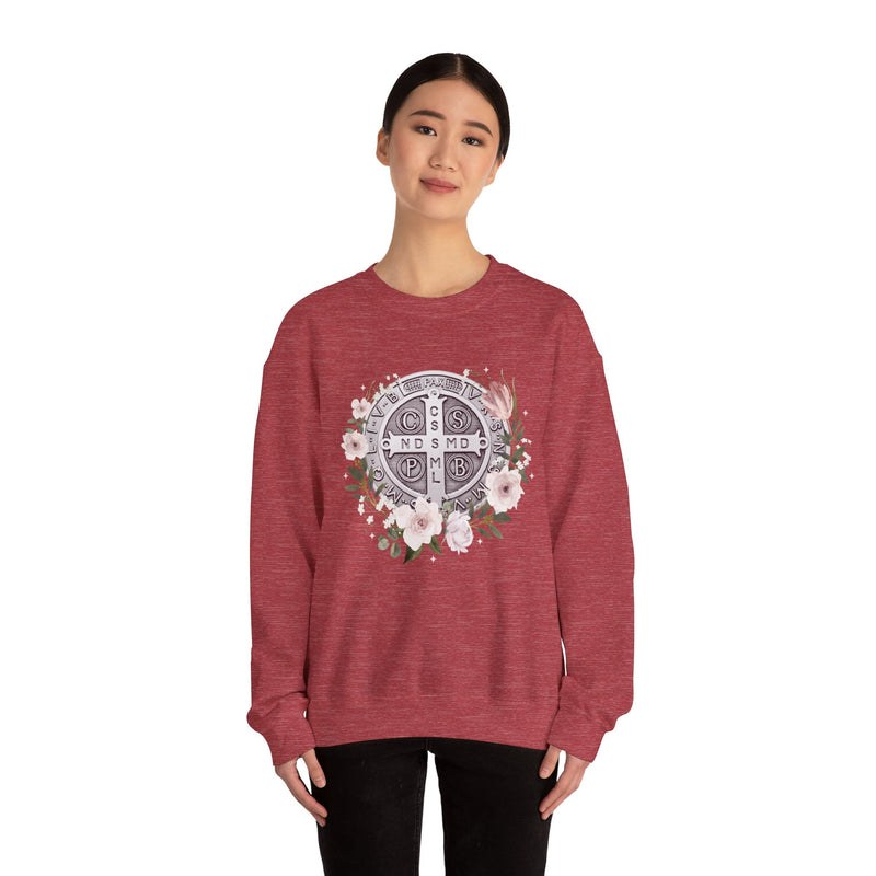 Benedictine Medal Crewneck Sweatshirt – Catholic Faith Floral