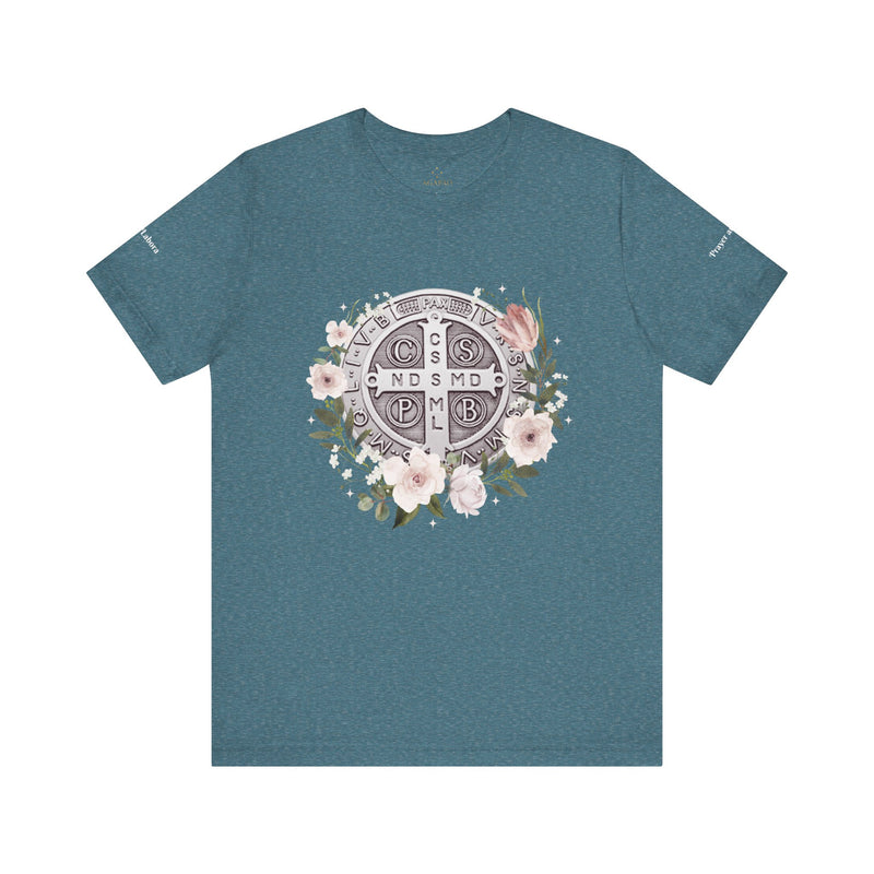Benedictine Medal T-Shirt – Catholic Faith Floral Tee with Ora et Labora/Prayer and Work