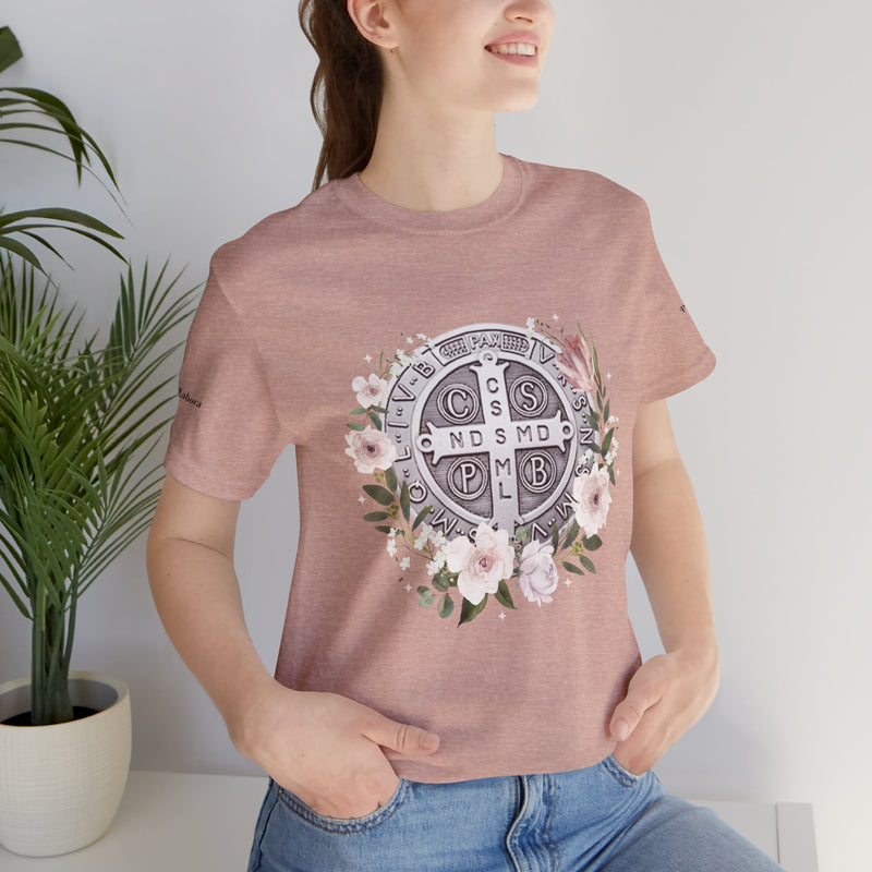 Benedictine Medal T-Shirt – Catholic Faith Floral Tee with Ora et Labora/Prayer and Work