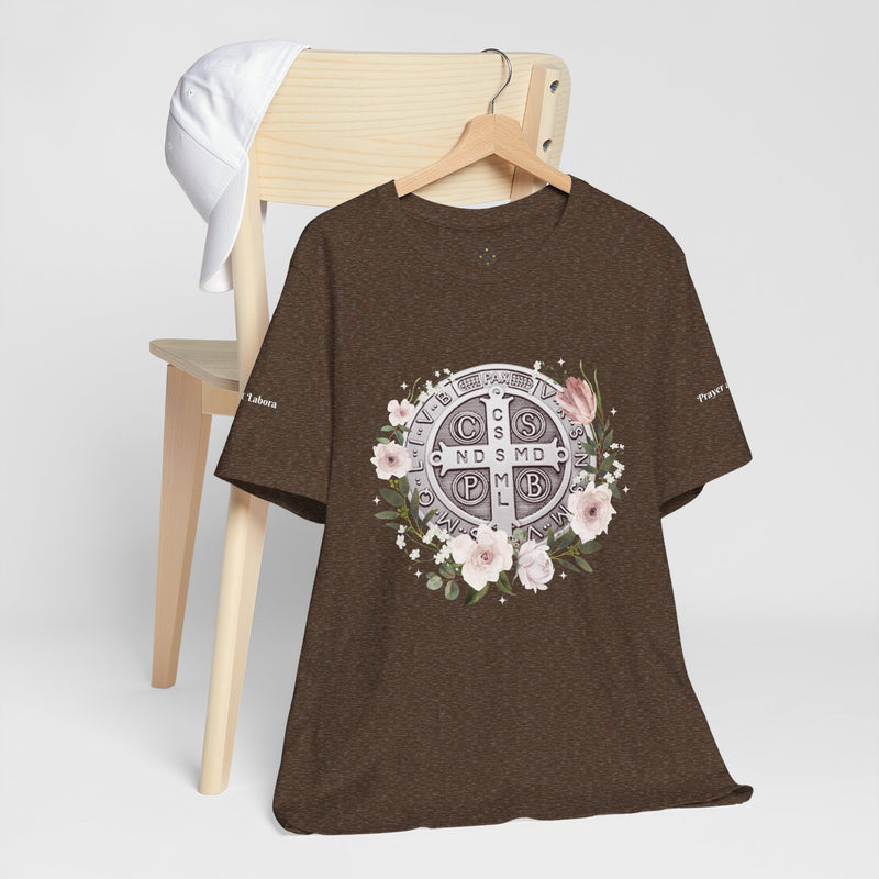 Benedictine Medal T-Shirt – Catholic Faith Floral Tee with Ora et Labora/Prayer and Work