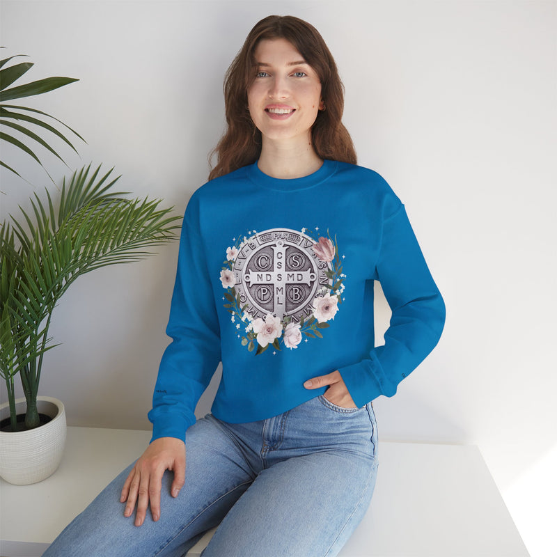 Benedictine Medal Crewneck Sweatshirt – Catholic Faith Floral Design w/ Ora et Labora/Prayer and Work