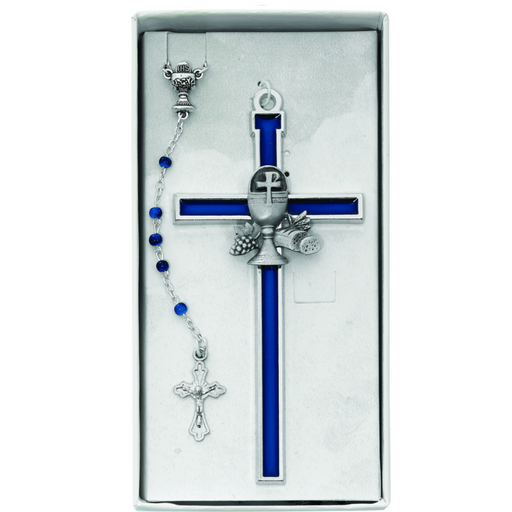 5" Blue Enamel Communion Cross with Rosary