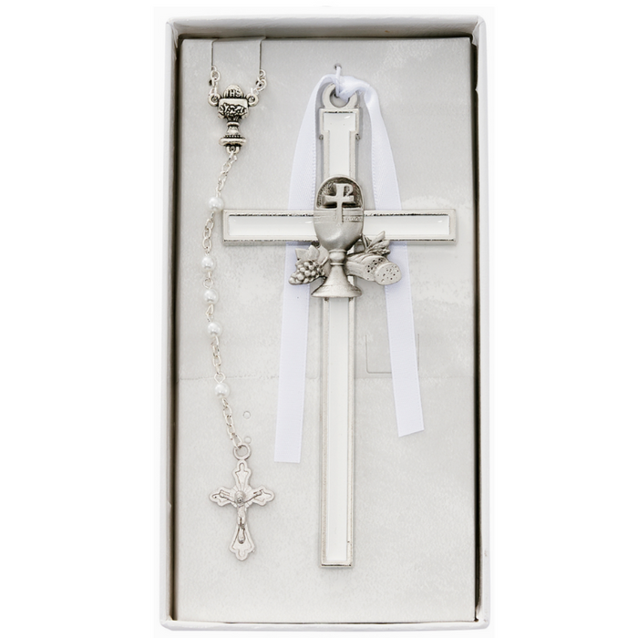 5" White Enamel Communion Cross with Rosary