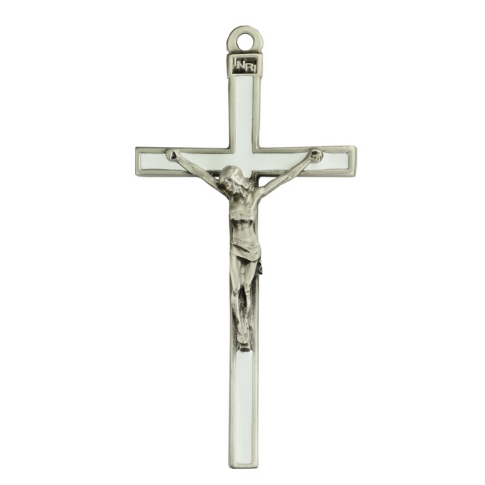 5" White Enamel Silver Crucifix