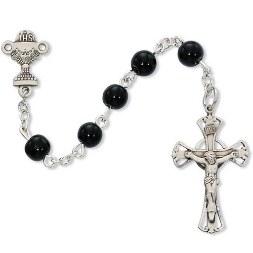 5mm Black Glass Beads and Rhodium Communion Rosary