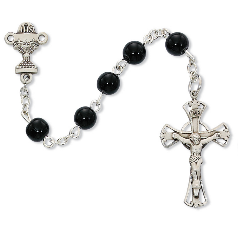 5mm Black Glass Beads with Sterling Silver Center Communion Rosary