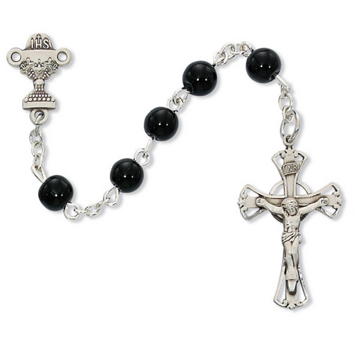 5mm Black Glass Beads with Sterling Silver Center Communion Rosary