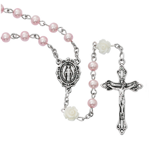 5mm Pink Pearl Beads and 6mm White Flower Beads Miraculous Medal Communion Rosary