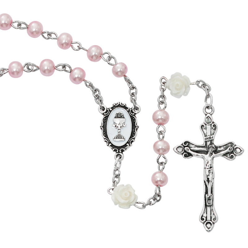 5mm Pink Pearl with 6mm White Flower Beads Communion Rosary - BEST SELLER
