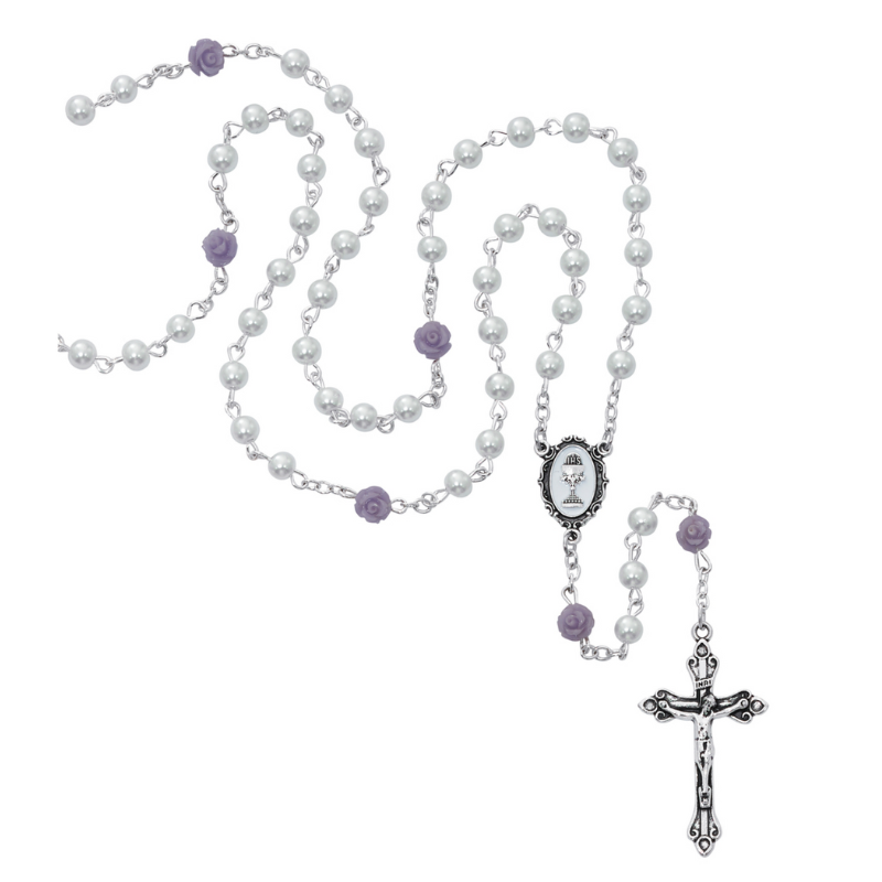 5mm White Pearl Beads and 6mm Purple Flower Beads Communion Rosary