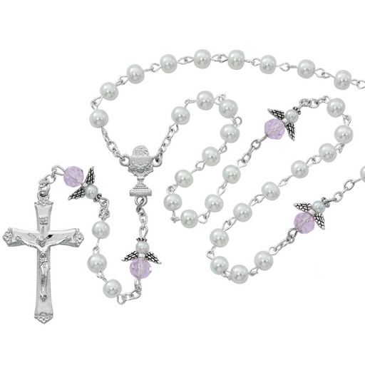 5mm White Pearl Beads with Pink Angel Communion Rosary