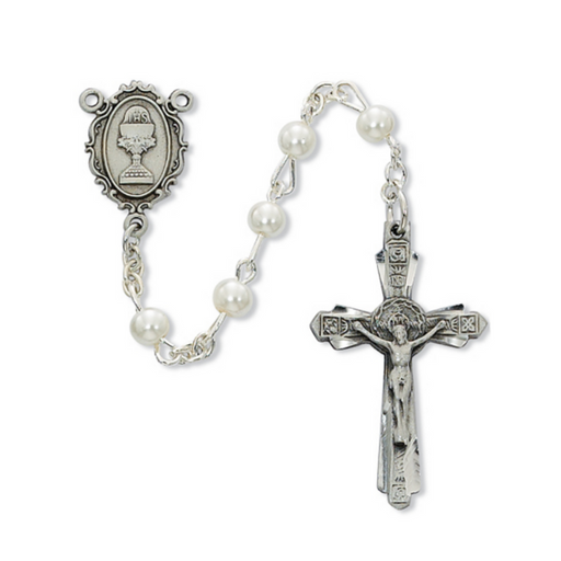 5mm White Pearl Pewter Communion Rosary