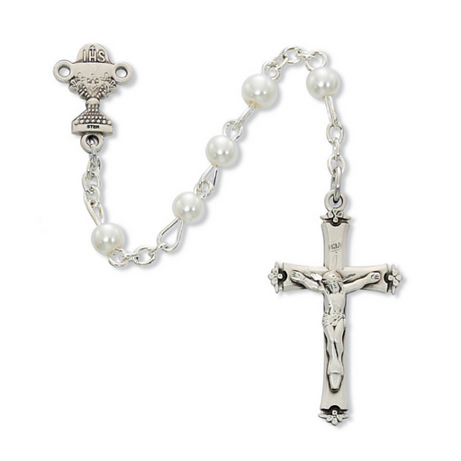 5mm White Pearl Rhodium Communion Rosary