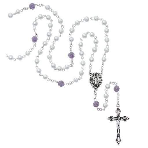 5mm White Pearls Beads and 6mm Purple Flower Our Father Beads with Miraculous Medal Communion Rosary