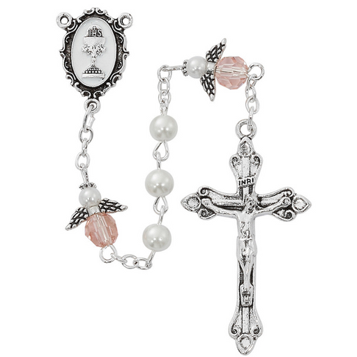 5mm White Pearl with Pink Angel Communion Rosary