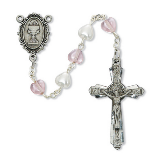 5mm White and Pink Beads Pewter Communion Rosary